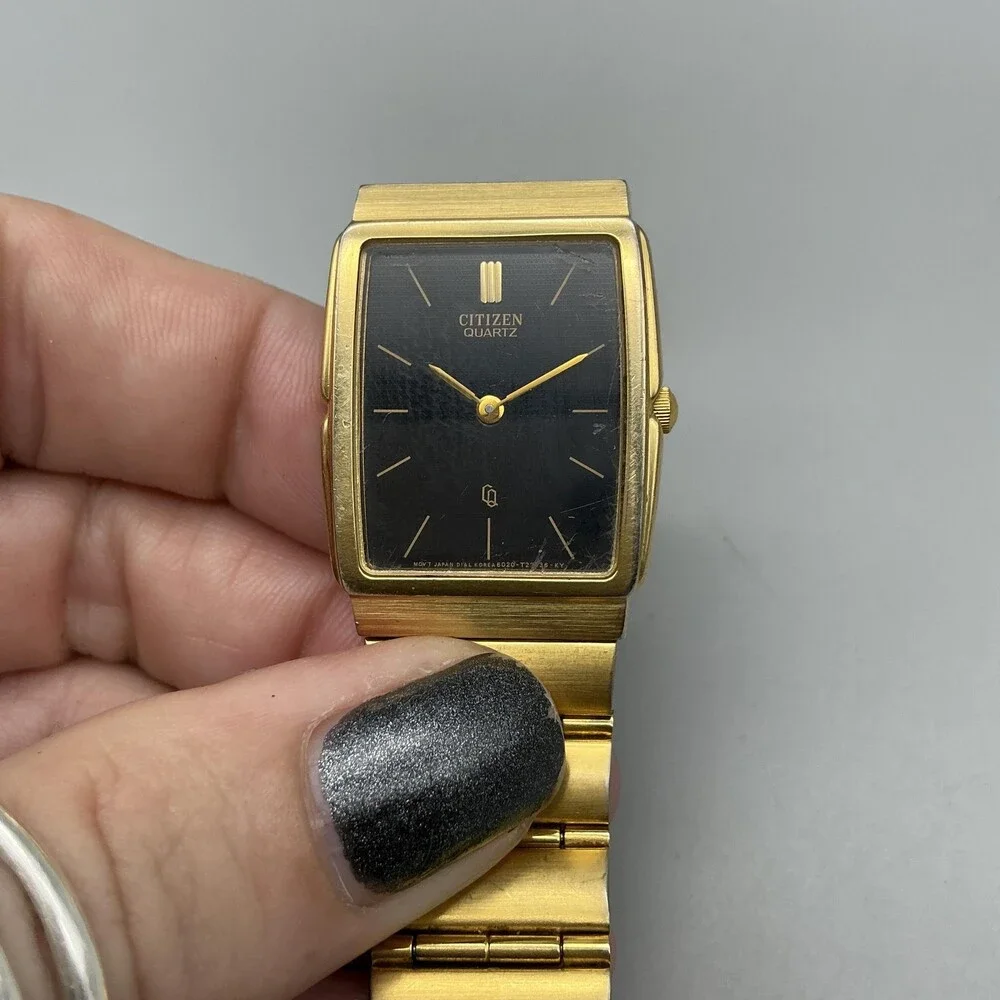 Vintage Citizen 6020 Mens Watch 25mm Black Dial Gold Tone Bracelet For Parts